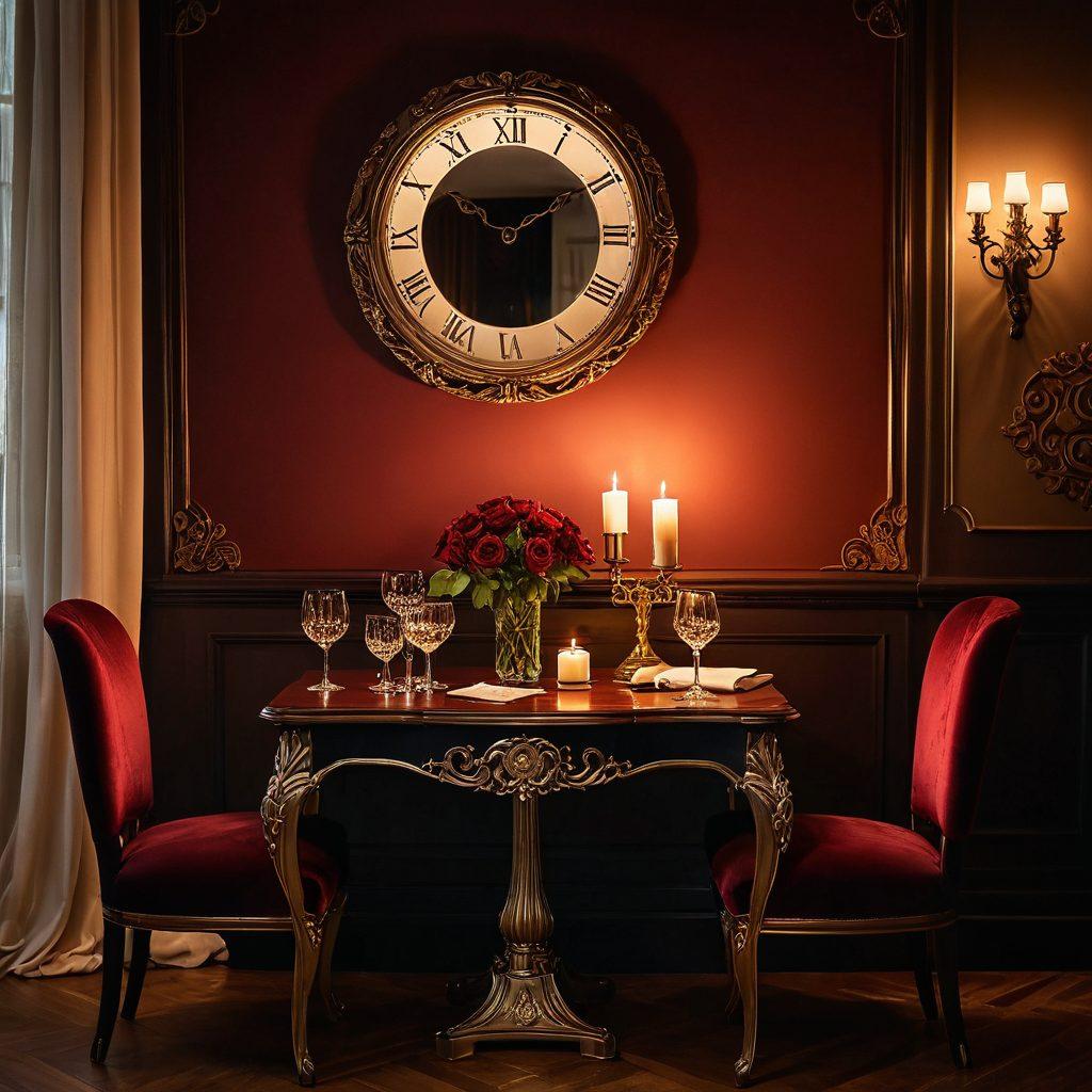 A vintage-inspired scene of a dimly lit, elegant room adorned with rich fabrics and soft candlelight. In the center, an ornate table holds a glass of deep red wine and a single rose, symbolizing romance and attraction. Soft shadows play around the room, suggesting intimacy and allure. A timeless clock ticks subtly in the background, hinting at the passage of time in relationships. Art nouveau style with warm tones.