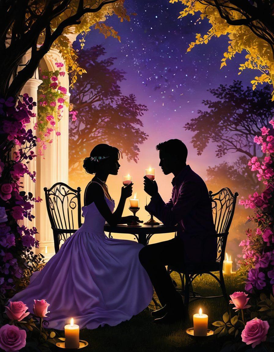 A romantic scene featuring two silhouettes under a starlit sky, surrounded by soft, glowing candles that cast warm light. The silhouettes are engaged in an intimate conversation, with subtle hints of intrigue in their postures. In the background, a lush garden brimming with flowering vines and rose petals enhances the mood of romance and seduction. The colors are deep and rich with shades of purple and gold, evoking passion and allure. super-realistic. vibrant colors. dreamy atmosphere.
