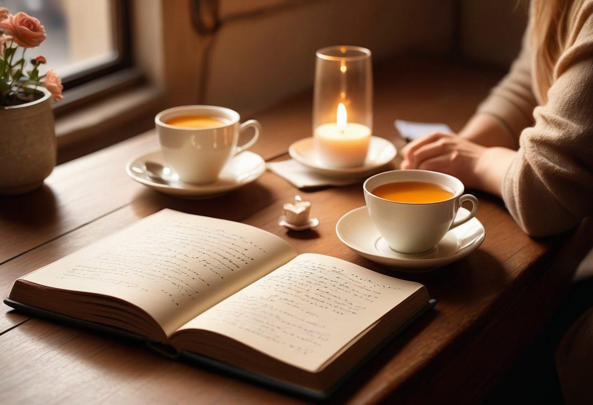A warm, inviting scene of two diverse people in a cozy café, engaged in a heartfelt conversation, with soft ambient lighting creating an intimate atmosphere. Include elements like teacups, a notebook for jotting down tips, and a subtle heart design in the background, symbolizing connection. The expressions on their faces should convey warmth and understanding. soft colors, cozy, realistic atmosphere, warm light.
